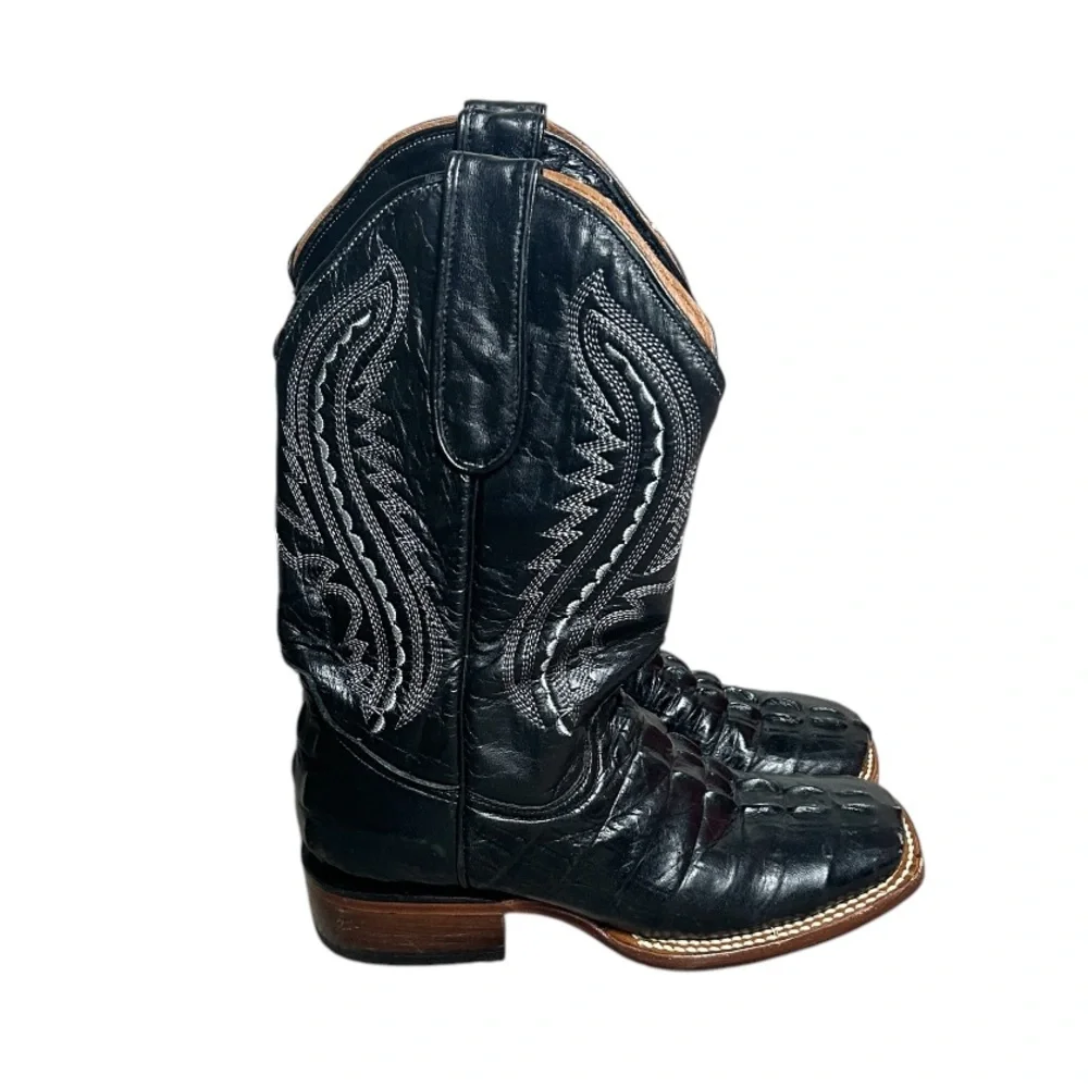 Tanner Mark Caiman Tail Print Embossed Cowboy Boot ( Black ) Kids Size 4